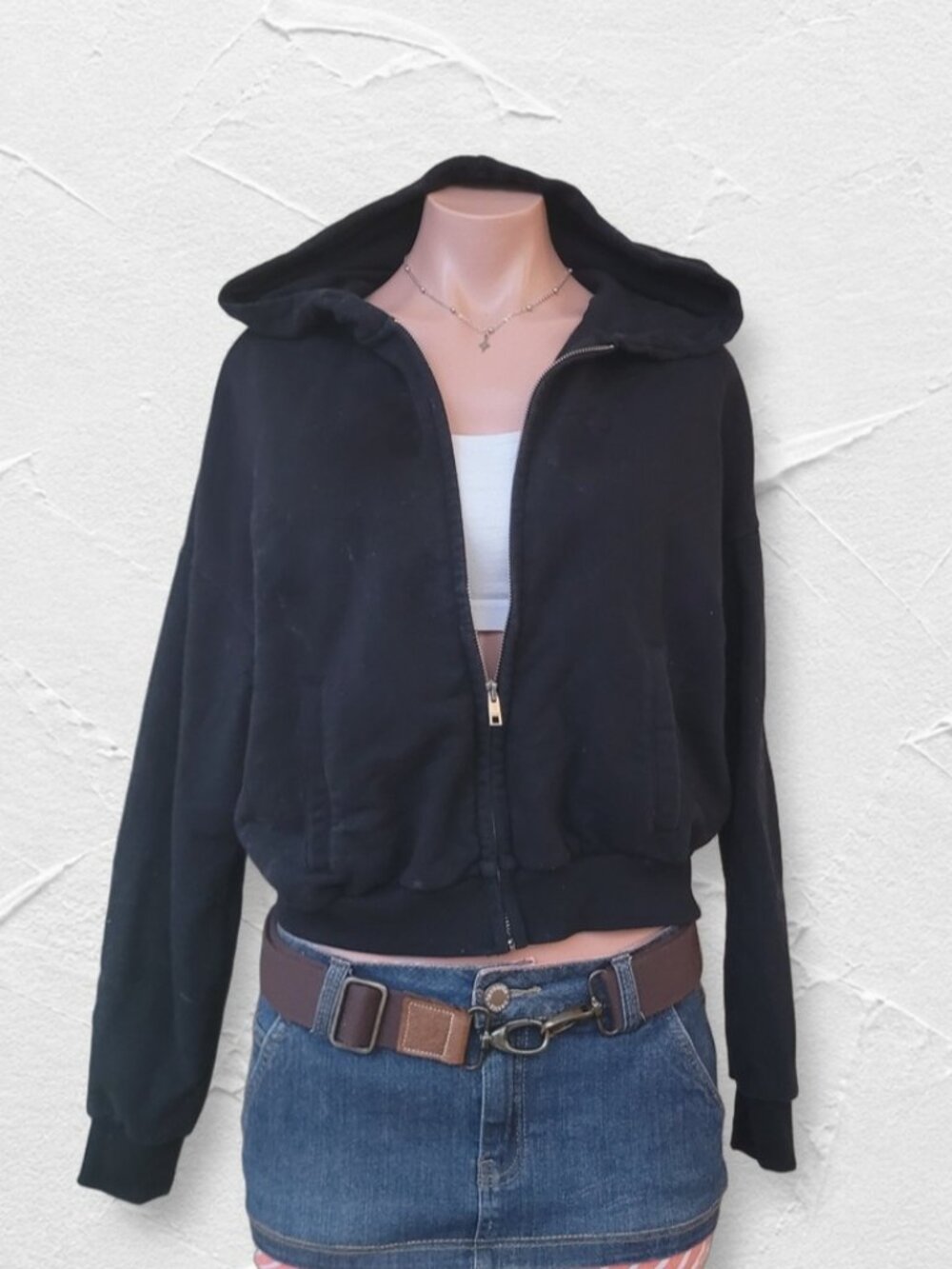 Garage Charcoal Black Cropped Hooded Zip-Up Sweatshirt (S)